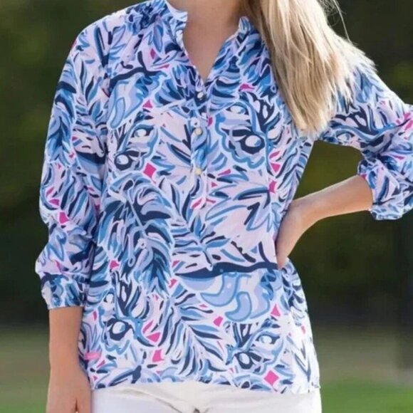 Simply Southern Preppy Floral Blue Long Sleeve Blouse Office MEDIUM - Picture 1 of 3